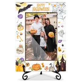 oayGnay Happy Halloween Picture Frame, Pumpkin Ghost Wooden Picture Frame With Stand, Halloween Gifts Photo Frame 4 x 6 for Desktop Display, Home Office Bedroom Decor -wsj03
