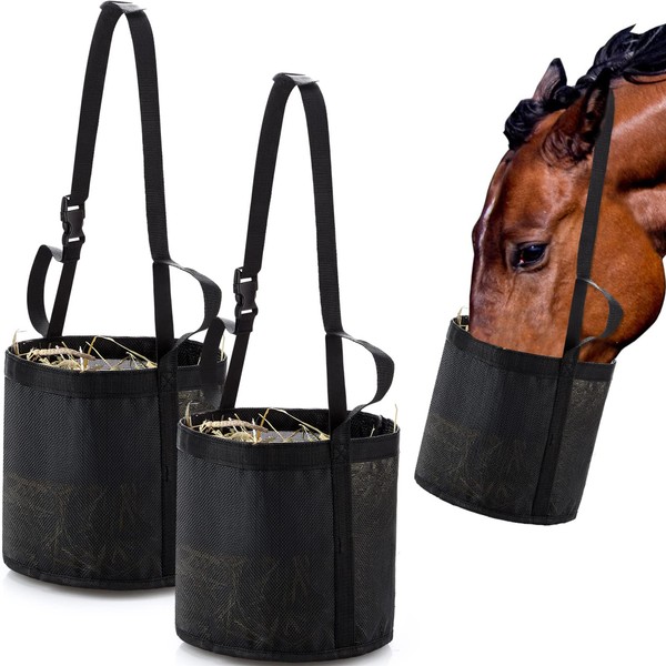 2 Pcs Horse Feed Bag Comfort Breathable Mesh Feed Bucket Heavy Duty Feed Rite Bag with Adjustable Strap and Waterproof Bottom for Horse Feeding Supplies Muzzle Feed Bag, Medium, Black