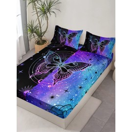 HOSIMA Butterfly Fitted Sheet with 2 Pillowcases,Mandala Starry Sky Galaxy Aesthetics Purple Butterfly Room Decor,Blue and Black Bedding Full Size Fitted Sheet Sets for Girls Teens Women.