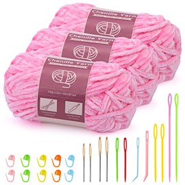 Benlay 3 x 100g (3 x 80m) Chenille Yarn, Velvet Yarn for Knitting and Crochet with Large Eye Needles, Soft Chenille Yarn for Clothes, Blankets, Bags, Sweaters, DIY Knitting Projects (Pink)