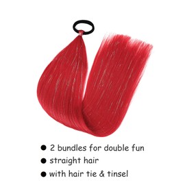 Red Ponytail Extension with Hair Tie, Crazy Hair Day Accessaries Colored Hair Extensinos for Kids, Festival Rave Hair Extensions, Kids Ponytail Extension 2 Packs 18 Inch