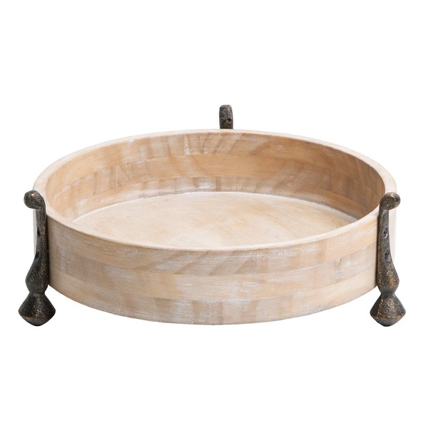 NIKKY HOME Round Wood Decorative Tray, 10 Inch Farmhouse Distressed Candle Tray, Centerpiece Decor for Coffee Bar, Kitchen Counter, Dining Room Table - Natural Wood