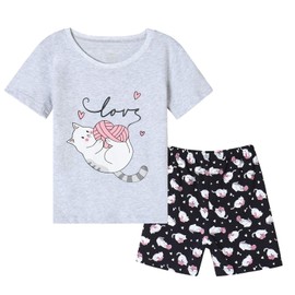 Vopmocld Big Girls Summer Short Sleeve Pajama Sets Cute Cat Patterns Sleepwear Nighty 100% Cotton, Cat, 12 Years