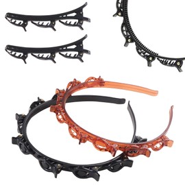 KingYH Pack of 2 Hair Bands with Clips and 2 Hair Holders Hair Twister Headband Bangs Hairstyle Hairpin Double Bang Hairpin Hairstyle Aid Headband Non-Slip for Women and Girls Black and Brown