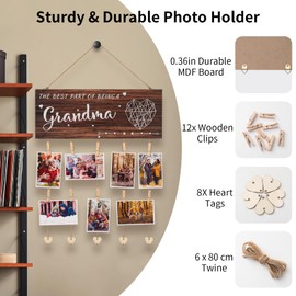 Grandma’s brag board Grandma Gifts Nana Photo Holder Picture Frame, Birthday Gifts for Grandma from Granddaughter and Grandson, Grandkids Photo Holder Nana Gigi Grandmother Christmas Thanksgiving Present Hanging Photo Frame with clips and Twine(Brown)