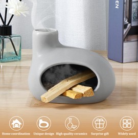 Incense Burner with 3 Sacred Wood Sticks, Ceramic Incense Holder with Chimney, Handcrafted Incense Stick Burner, Scent Wood Stand and Ash Catcher for Yoga Meditation Home Decor(grey)