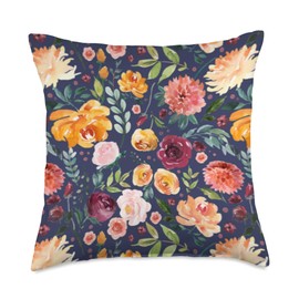 Western Country Pioneer Farm Style Gifts for Women Western Pioneer Country Floral Bouquet Pattern Rose and Navy Throw Pillow, 18x18, Multicolor