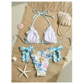 BEAUDRM - Conjunto de bikini de 2 piezas para mujer, estampado floral, con volantes, corbata, sin espalda, traje de baño, Azul y blanco, Large