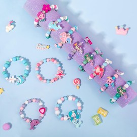 Kids Bracelets Mermaid Party Favors - 12 Pack Cute Toddlers Little Girls Ocean Wooden Beaded Bracelets, Costume Play Jewelry Princess Birthday Goodie Bag Stuffers Pinata filler Classroom Prize Gifts