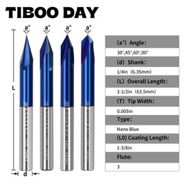 15 Degree V Groove Router Carving Bit V Tool Carving CNC Tools with Nano Blue Coated 1/4" Shank Cutting Diameter for CNC Wood Carving Milling Engraving and Chamfering Lettering