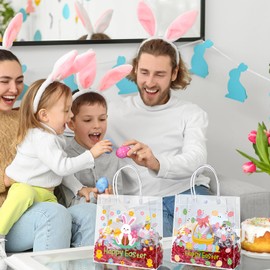 Motipuns 12 Pcs Happy Easter Gift Bags Reusable Clear PVC Treat Bags with Handles Printed Egg Bunny for Easter Party Favor