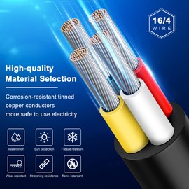 16 Gauge 4 Conductor Electrical Wire, 16.5FT 16AWG Black PVC Stranded Tinned Copper 4 Wire Cable, 16/4 Cord Extension Cable for LED Lamp Lighting, Automotive, Speaker, Audio, Power etc.