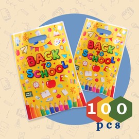 Corbekel 100 PCS Back to School Gift Bags with Handles, 9.84 x 7.1 IN School Goodie Bag for Students, Welcome to School Party Favor Bags for First Day of School Party Supplies
