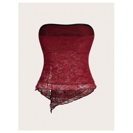 MakeMeChic Women's Floral Lace Strapless Tube Asymmetrical Ruched Drawstring Tiered Y2k Crop Tops Burgundy Large