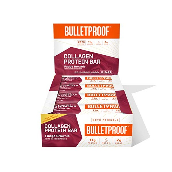 Bulletproof Fudge Brownie Collagen Protein Bars, Pack of 12, Keto-Friendly Snack with MCT Oil