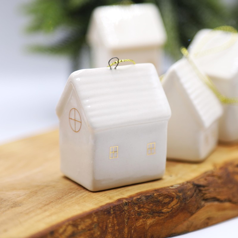 Set of 4 Small White Scandi Snow Ceramic Houses Baubles