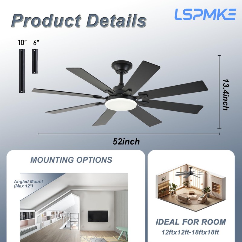 LSPMKE Ceiling Fans with Lights, 52 Inch Ceiling Fan with