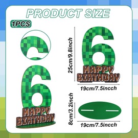 Pixel Birthday Number Sign Centerpiece, Green and Brown Wooden Table Decor with Base Creative Pixel Theme Party Birthday Party Decorations (Number 6)