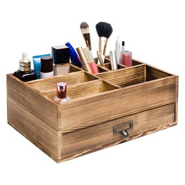 Liry Products Rustic Wooden Organizer Cosmetic Storage Cabinet Makeup Display Box Office Supplies Desktop Vanity Drawers Multiple Compartments Brown Tabletop Caddy Accessary Sorter Brush Holder Home