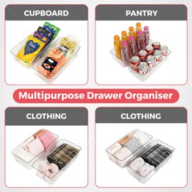 Amtido Drawer Organiser Tray Set - Clear Plastic Containers for Kitchen Utensils, Cosmetics, Food, and Stationery - Use in Drawers, Cupboards, Fridge, and Countertops (2 Pack - 15.2 x 30.5 x 8.3)