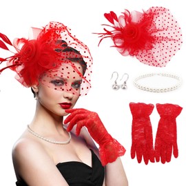 DRESHOW Fascinators Hat for Women Veil Mesh Tea Party Headpiece Feather Derby Hat Pearl Bow Satin Gloves Pearl Jewelry Set