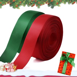 Christmas Satin Ribbon Gift Ribbon Wide, 2 Rolls 25 mm x 22 m, Satin Ribbon Green Red Gift Ribbon Ribbon Christmas Fabric Ribbon for Crafts Gift Packaging
