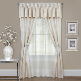 Woven Trends Modern Geometric 6-Piece Window Treatments Curtains, 55 x 63 Inches Rod Pocket Panels Light Filtering Curtain with Attached Valance, Underlay, and Tie Straps for Room Decor, Cream
