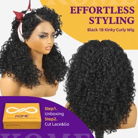KOME Deep Wave Wig,13×6 Synthetic Lace Front Wigs for Beginners Pre Plucked Kinky Curly Glueless Wigs for Black Women 18IN