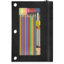 Shemira Pencil Pouch for 3 Ring Binder, Binder Pencil Pouch with Smooth Zipper, Clear Window Pencil Case for Binder, Zipper Pencil Pouches, Big Capacity 3 Ring Binder Pencil Bag, Black