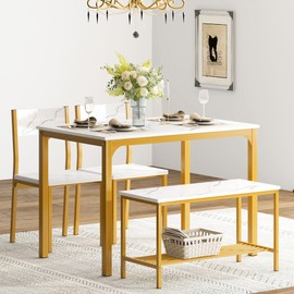 soges 4-Piece Dining Table Set with Bench - 4 Person Kitchen Table and 2 Chairs for Small Spaces, Apartment - Metal Frame & Woodgrain Tabletop, Space-Saving Design, Durable & Easy to Clean, Gold