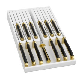 Domax Bamboo In-drawer Knife Block - Knife Drawer Organizer Insert Large Handle Steak Knife Holder, Kitchen Drawer Knife Organizer Fits for 12 knives and 1 Sharpening Steel (Not Included), White