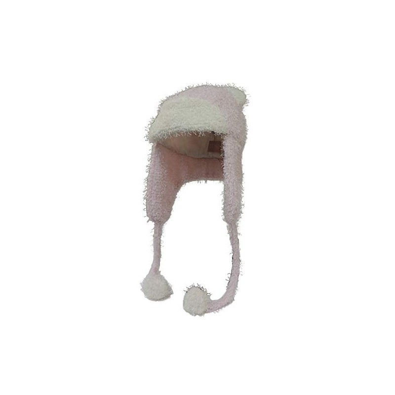Fleece Teddy Bear Ear Trapper Winter Hat w/Pom Tassels Pink/White
