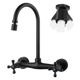 Matte Black Wall Mount Kitchen Faucet with 6” Gooseneck Swivel Spout, 8" Center Wall Mounted Kitchen Sink Faucet Double Cross Handles, Restaurant Mixer Tap Commercial - Include 360 Degree Swivel Spout