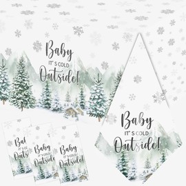 Winter Baby Shower Tablecloth Baby It's Cold Outside Baby Shower Decorations 3pcs Winter Woodland Plastic Tablecloth Rectangle Table Cover For Baby Shower Birthday Gender Neutral Party Decorations