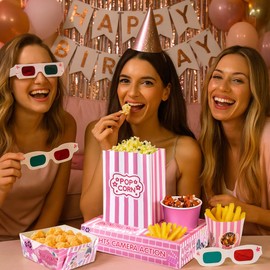 Rzoklot Pink Movie Night Party Supplies: 24 Snack Boxes, 12 Food Trays, 12 Popcorn Bags – Cute Disposable Snack Holders for Girls' Night, Birthday Party, or Home Theater