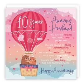 Hunts England - Large Husband 10th Anniversary Poem Card - Love Is In The Air - Beautiful Love Verse - Cute Bears - 10th Anniversary Card - Romantic 10 Years Husband Anniversary Card - 210 x 210 mm