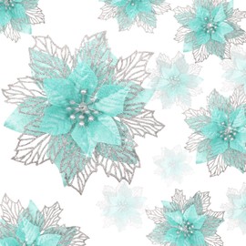 Geosar 36 Pcs 3 Size Christmas Poinsettia Flowers 3'' 4'' 6'' Tree Decorations Glitter Faux Flowers Xmas Artificial Poinsettia Ornaments New Year for Party Favor(Mint Green)
