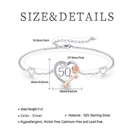 JUSTKIDSTOY 50th Birthday Gifts for Women, 50 Years Old Birthday Gifts 925 Sterling Silver Heart Rose Adjustable Chain Bracelet for Wife Couple Parents Mothers Day Anniversary Christmas Jewelry