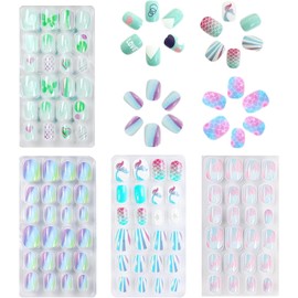 Pack of 96 False Nails for Children with Nail Glue - Pre Glue Full Cover Short Children's Nails Artificial Nail Tips - Ready to Wear Press On Gel Nails for Children Girls (Cute Blue D, Short)