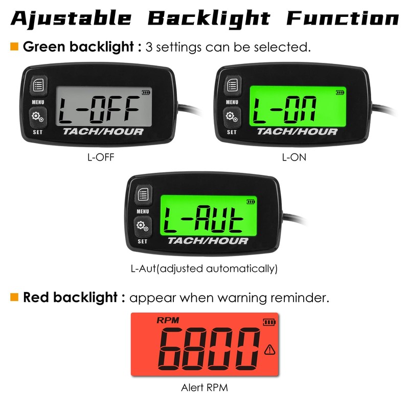 NInE-ROnG Self-Powered Tacho/Hour Meter,Built-in Replaceable Battery,Ajustable Backlight,Waterproof Tachometer for Gas