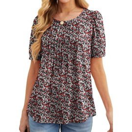 GRECERELLE Womens Summer Tops Casual Dressy Soft Short Sleeve Tunic Front Pleated Spring Crew Neck Tees T-Shirts Loose Blouse for Ladies (Black + Red Flower, L)