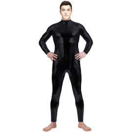 Aniler Unisex Shiny Metallic Unitard Zipper Tight-fitting Stretchy Costume Bodysuit (Medium, Black)
