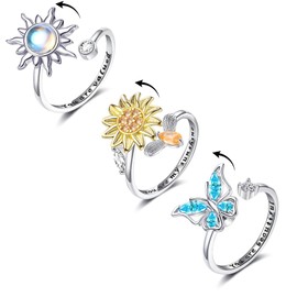 Honsny Fidget Rings for Women Girls, Spinner Fidget Ring for Anxiety Adjustable Anxiety Relief Ring Set, Sunflower Butterfly Bee Star Moon Stress Relief Spinning Rings for Adults
