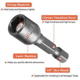 Saipe 10pcs 10mm/3/8" Magnetic Nut Driver Set, 2"/48mm Length 1/4-Inch Hex Drive Power Nut Driver Drill Bit for Impact Drill, Metric Nut Setter Socket Wrench Screw for Power Tools