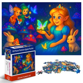 100-Piece Fairy Princess Puzzle for Kids Ages 4-6 6-8 8-10, Magical Forest Jigsaw with Elves, Bunnies & Glowing Butterflies –Educational Toys and Birthday Gift for Girls and Boys
