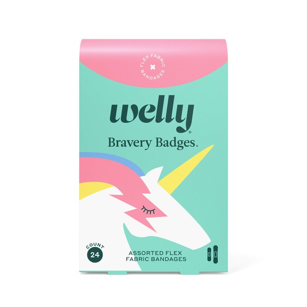 Welly Bandages Refill Pack - Bravery Badges, Adhesive Flexible Fabric, Standard Shapes, Unicorn Patterns - 24 Count
