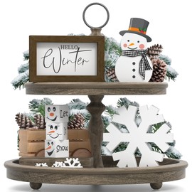 Christmas/Winter Tiered Tray Decor, 6 Pcs Hello Winter Snowflake Snowman Table Signs Let It Snow Wooden Signs for Home Kitchen Office