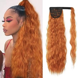 Corn Wave Ponytail Extension Clip in - 22 Inch Long Wavy Curly Wrap Around Pony Tail Heat Resistant Synthetic Hairpiece for Women (Orange #18C)