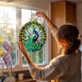 8 Inch Stained Glass Suncatcher Ornament, DOUHASU Peacock Sun Catchers Indoor Window, Stained Glass Window Hanging, Home Decor, Peacock Lovers for Mom, Grandma, Friend, Bestie, Couple