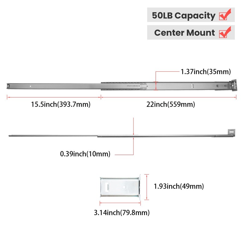 homdiy 5 Pcs 22 Inch Heavy Duty Center Mount Drawer